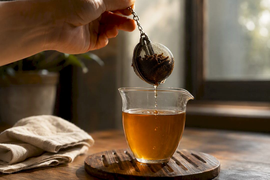 Hand lifting tea leaves after steeping