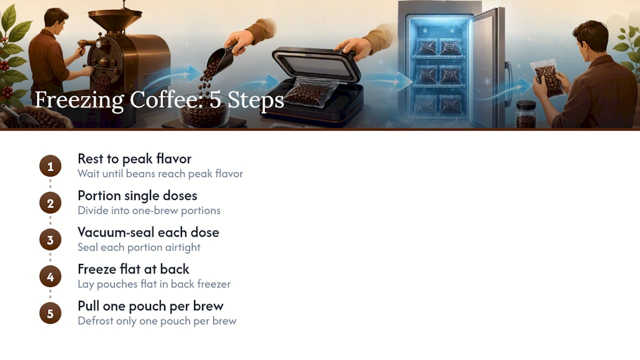 Five-step single-dose coffee freezing workflow