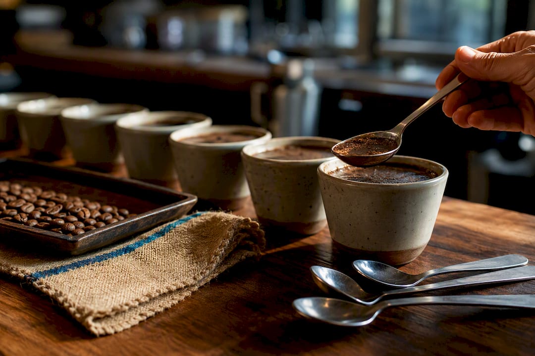 Coffee cupping bowls and tasting spoon