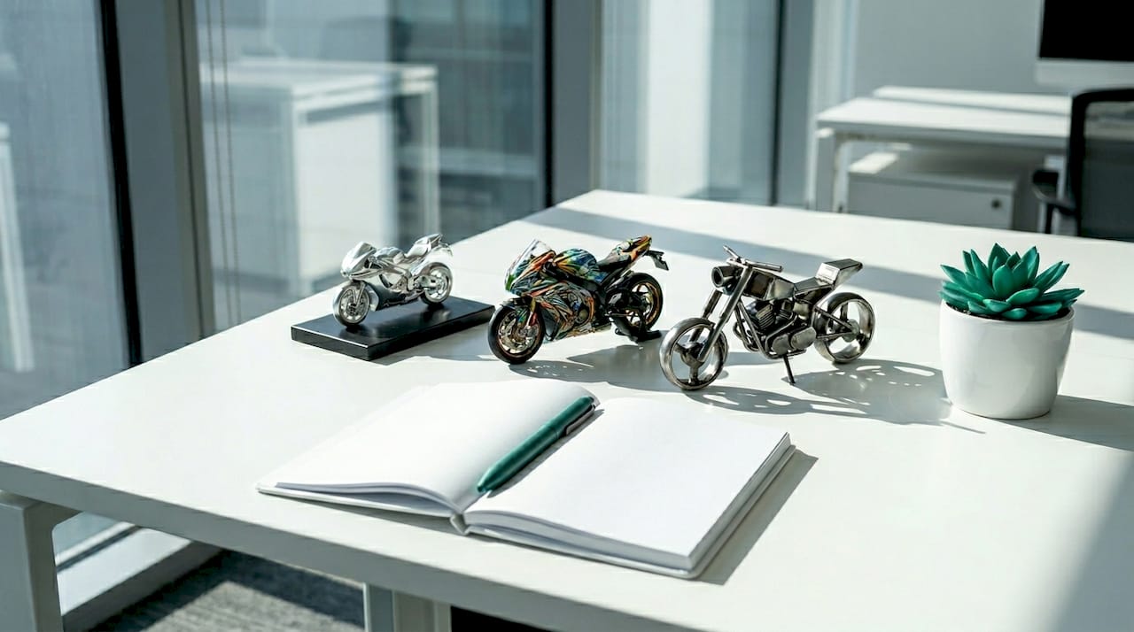 Motorcycle sculptures in resin, metal, and steel on desk