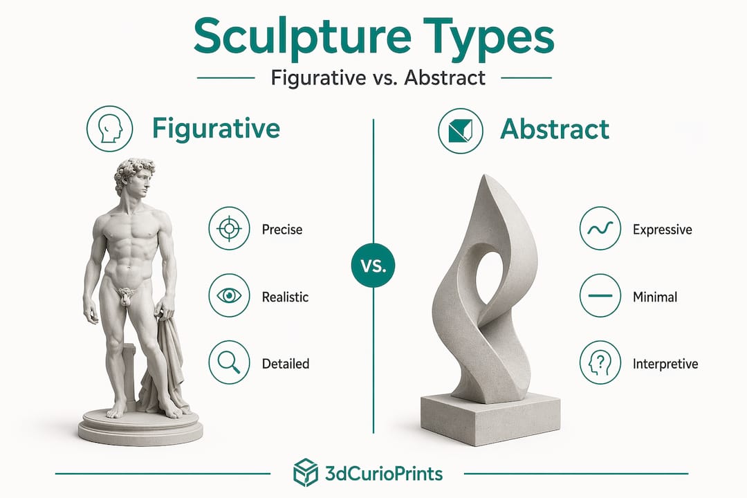 Infographic comparing figurative and abstract motorcycle sculptures