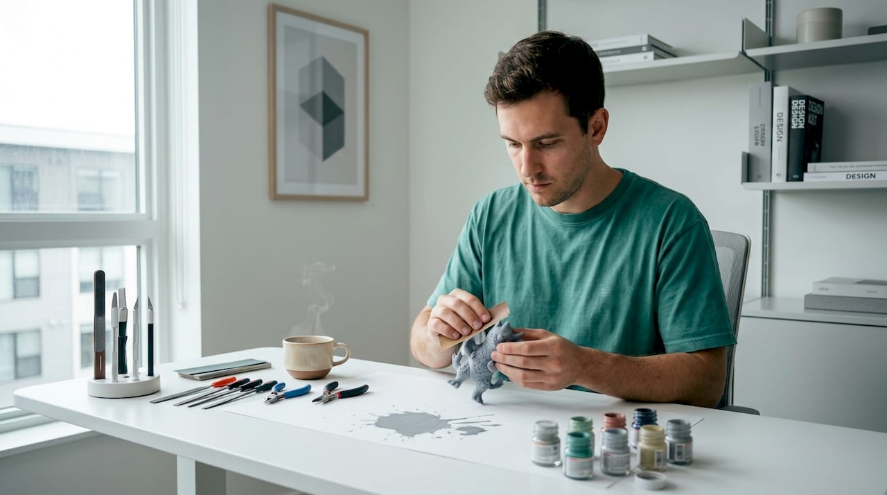 Person sanding and painting 3D printed gift