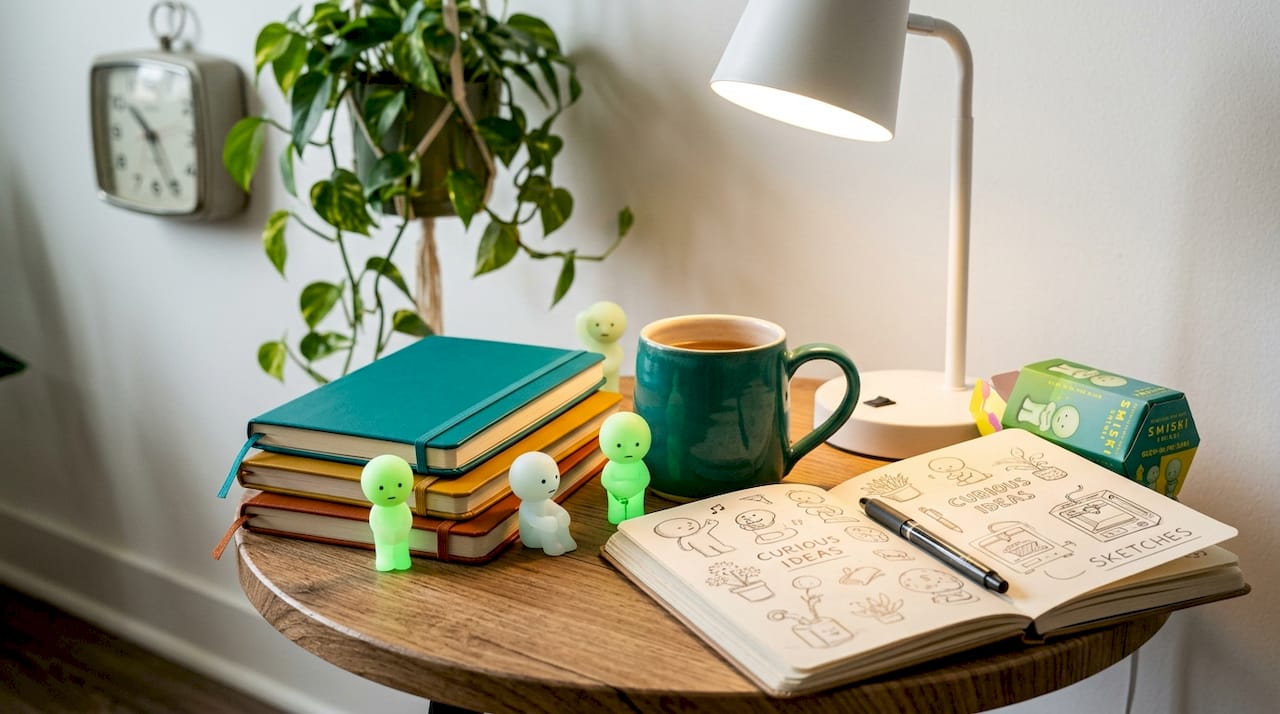 Smiski mini figures glowing on cluttered desk