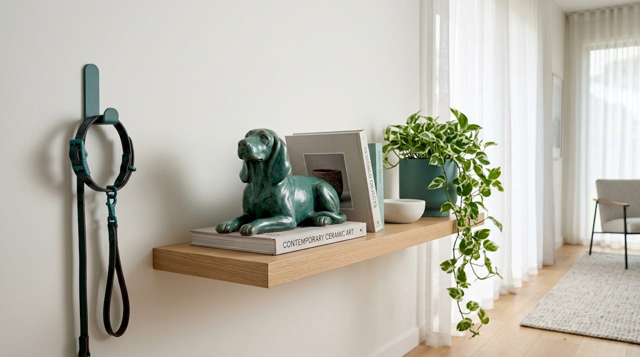 Ceramic dog sculpture on home living room shelf