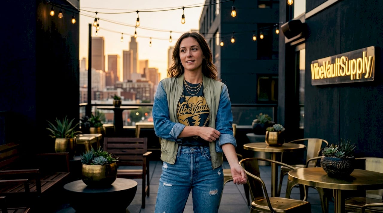 Woman layering vintage tee in modern style