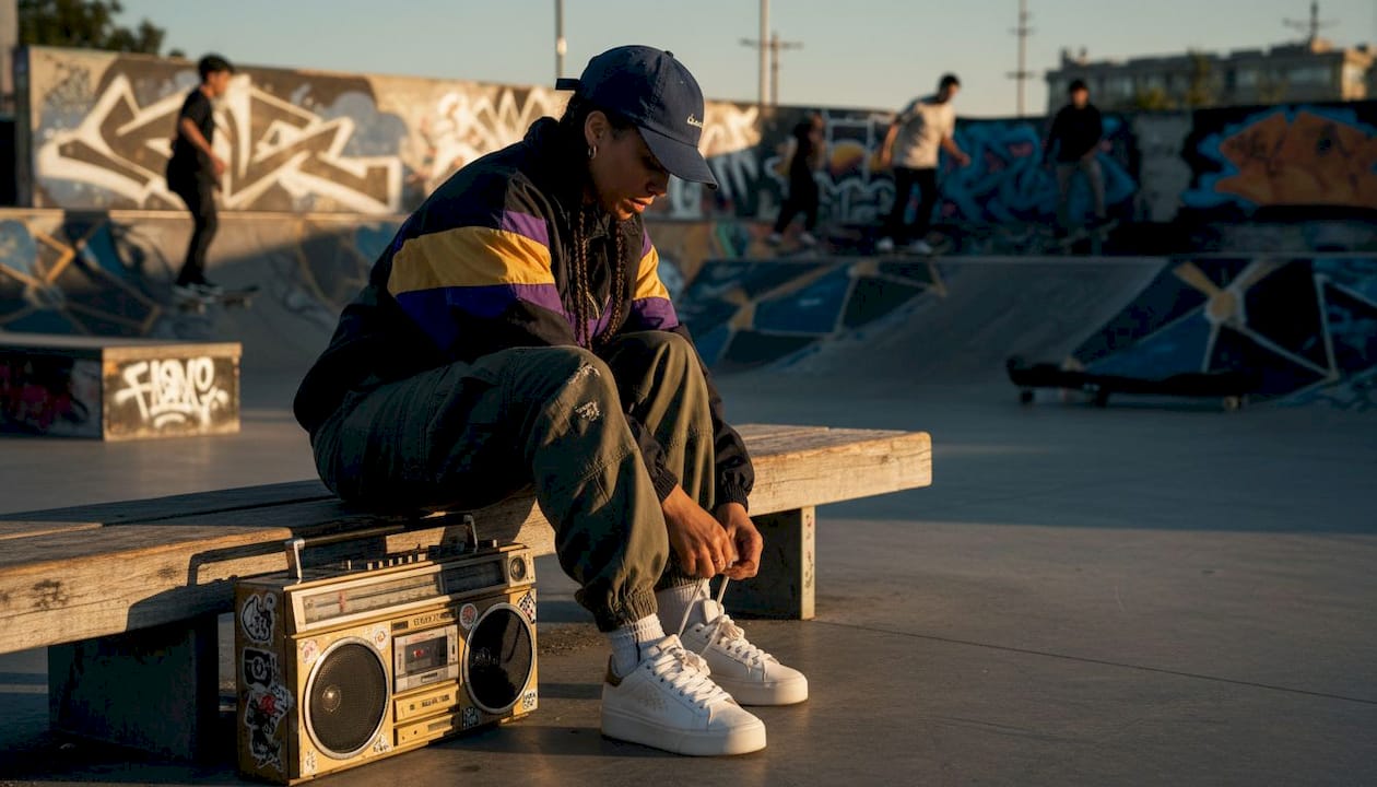 Woman tying skate shoes in vintage streetwear
