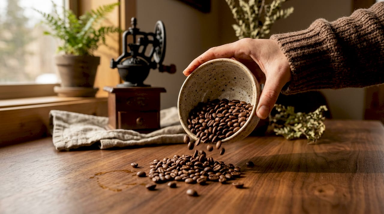 Hand scooping fresh roasted coffee beans