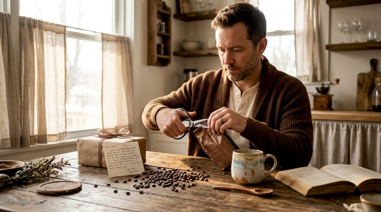 Man opening French roast coffee gift