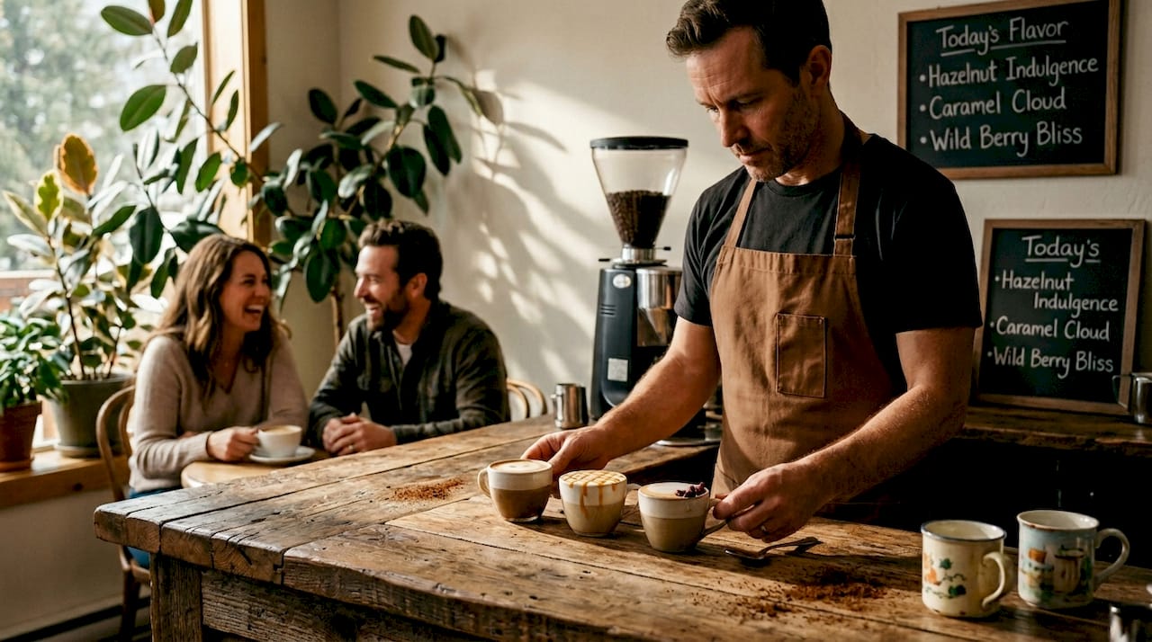 Barista presenting unique flavored coffee flight