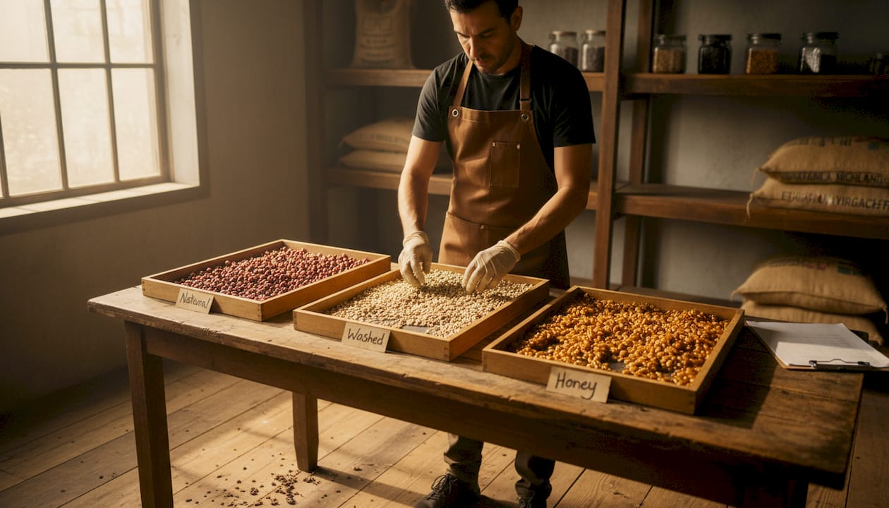 Coffee beans in three process stages compared