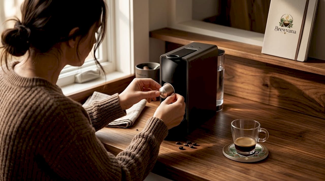 Placing Nespresso pod into espresso machine
