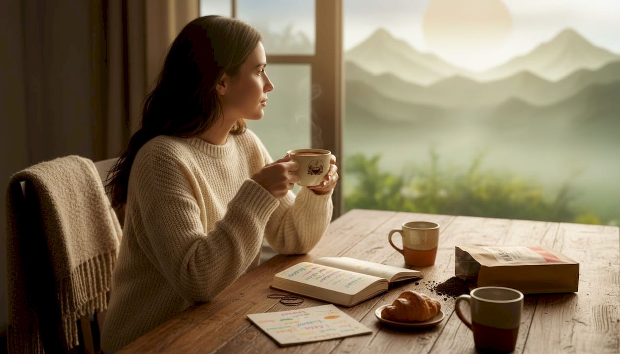 Woman tasting washed coffee at kitchen table