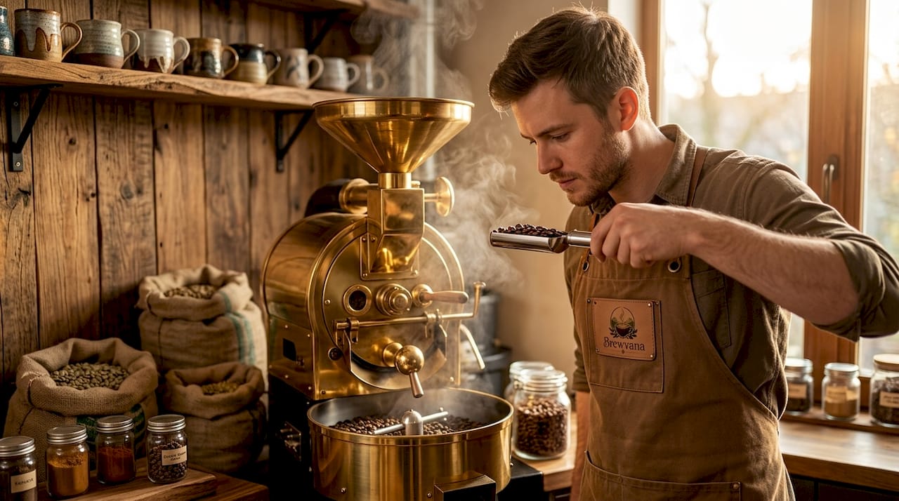 Barista examines freshly roasted coffee beans