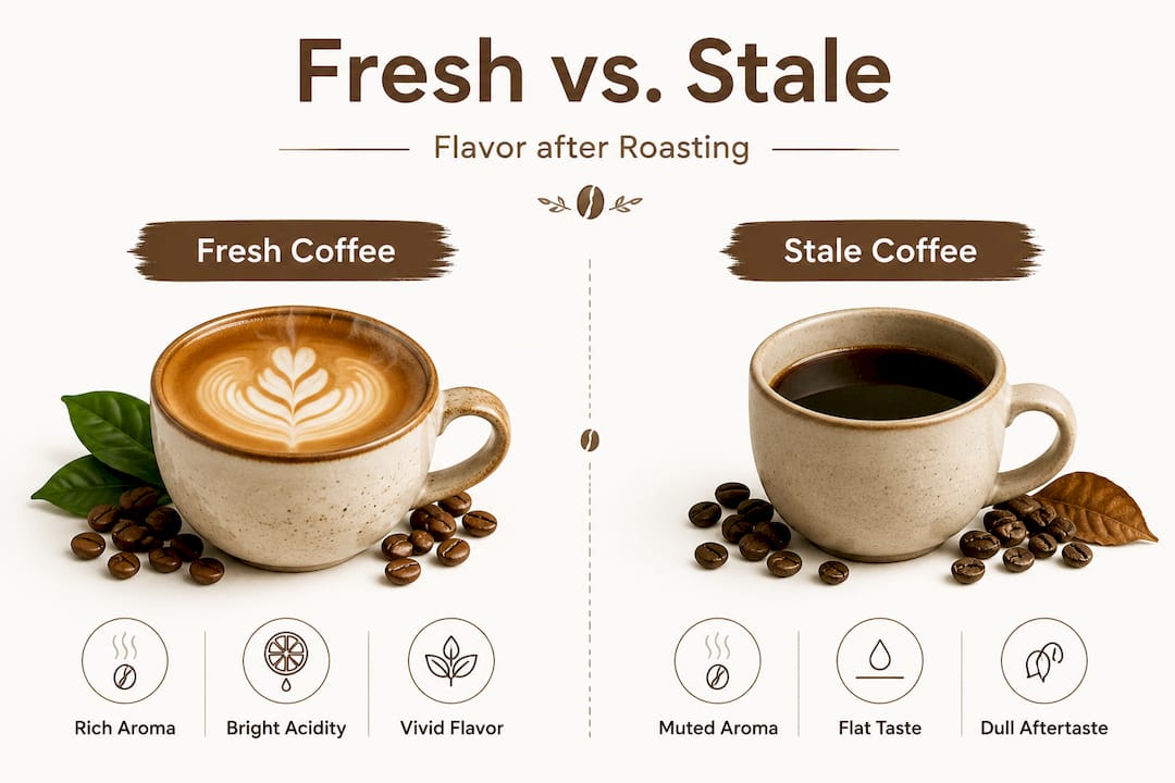 Infographic compares fresh and stale coffee attributes