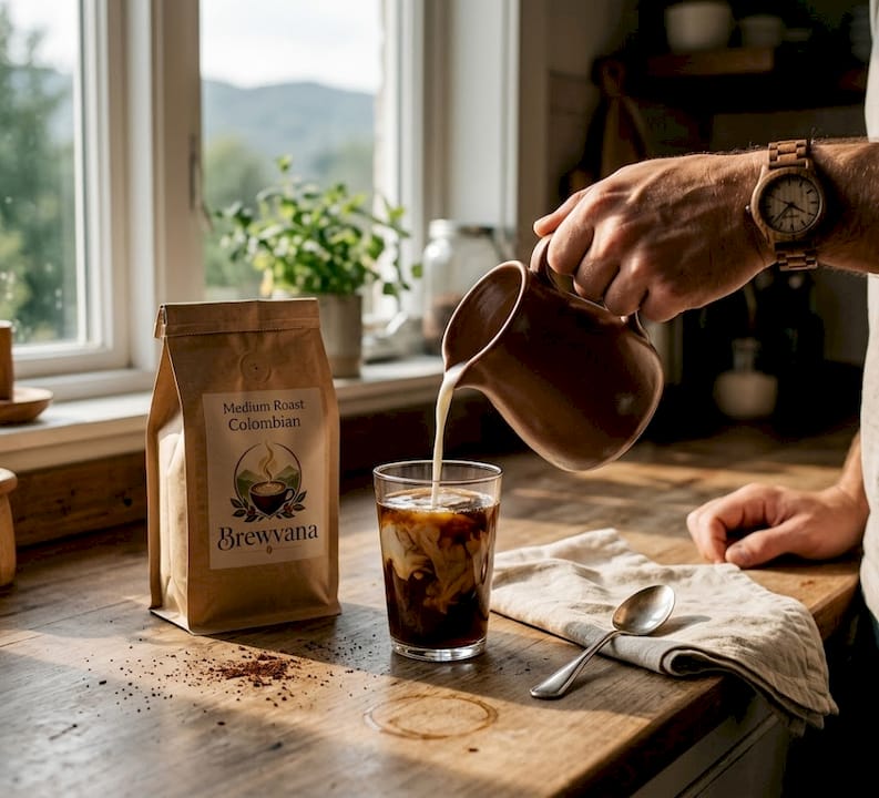 Man pouring milk into cold brew
