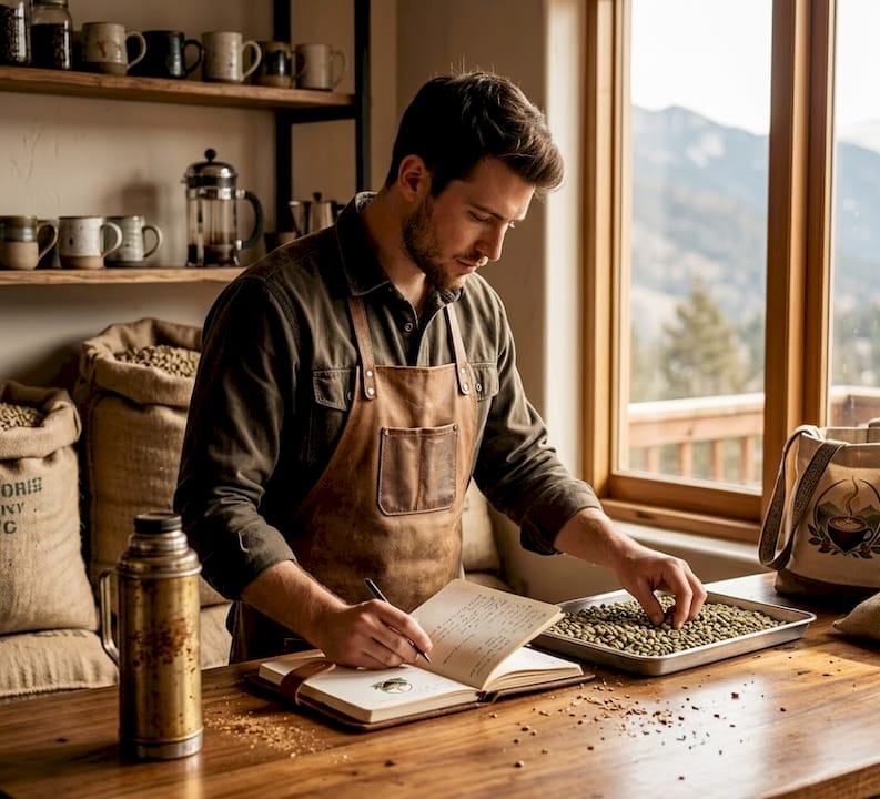 Barista sorting green coffee beans at café counter