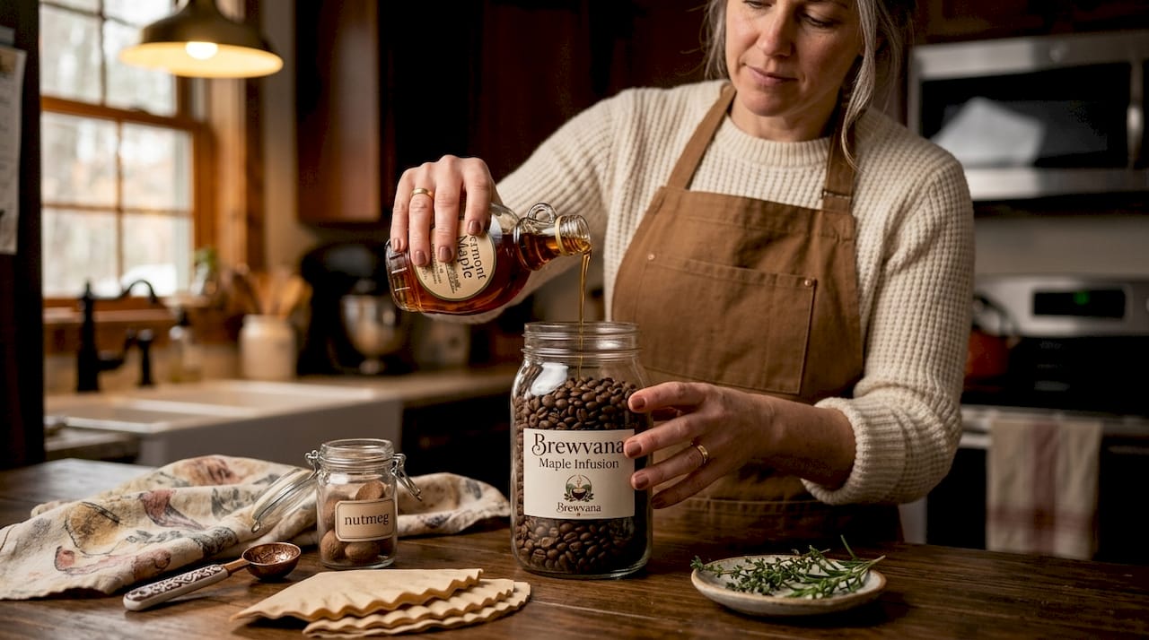 Adding vanilla to coffee beans in kitchen