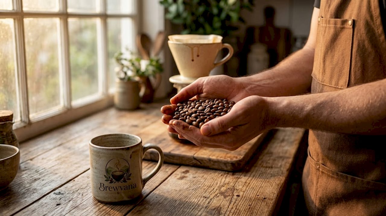 Hands holding medium roast beans in kitchen