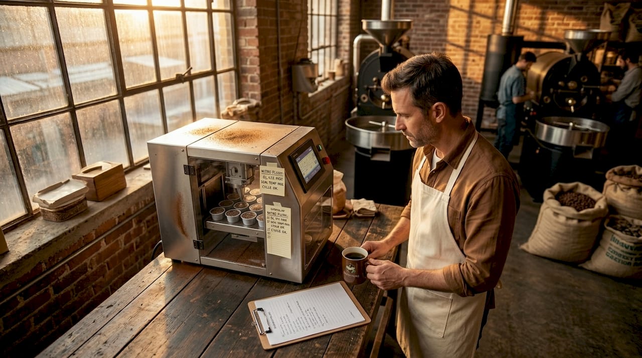 Technician monitoring nitrogen-flushed coffee pod process