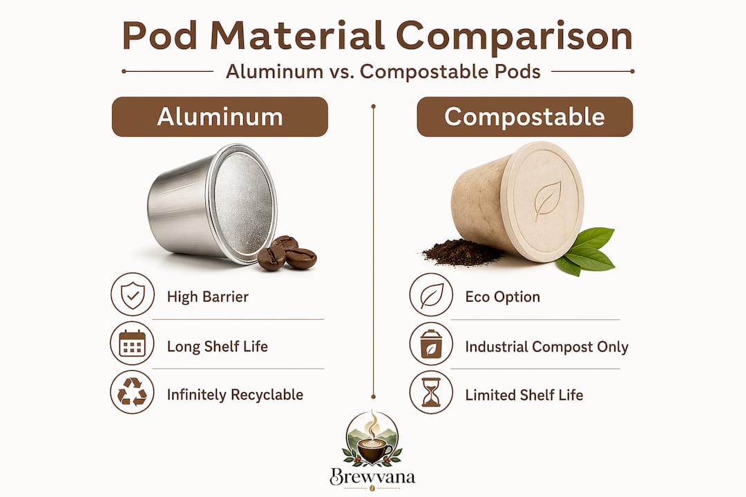 Infographic comparing pod materials Aluminum vs. Compostable