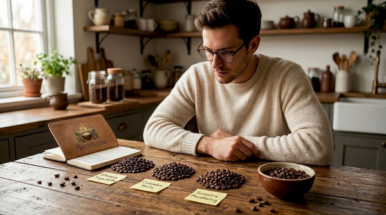 Man comparing coffee beans for tasting