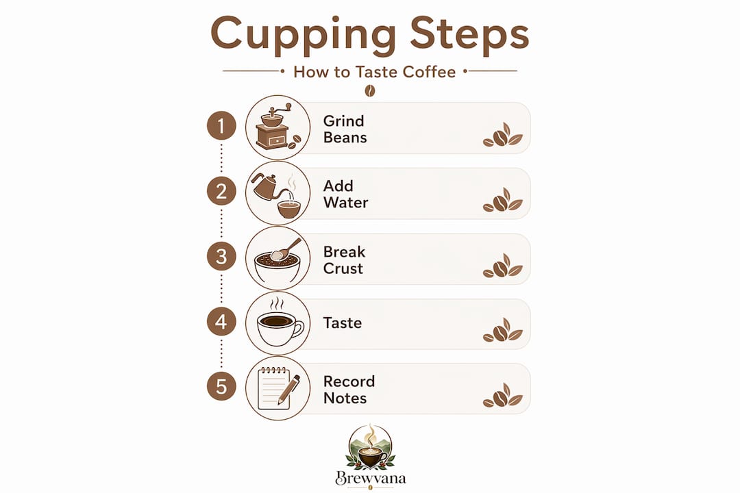Infographic showing coffee cupping process steps