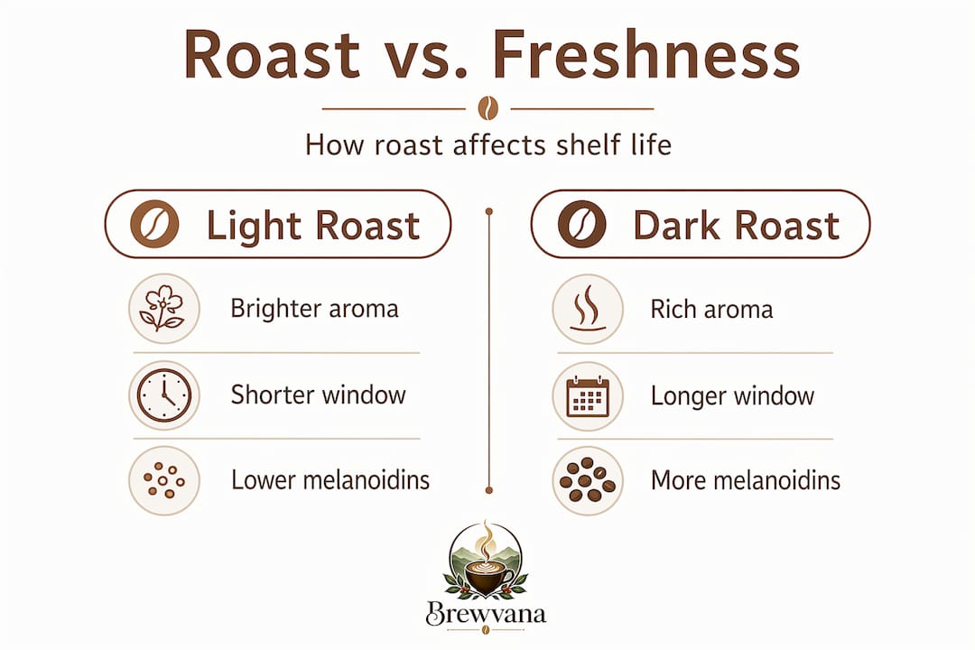 Infographic comparing light and dark roast freshness