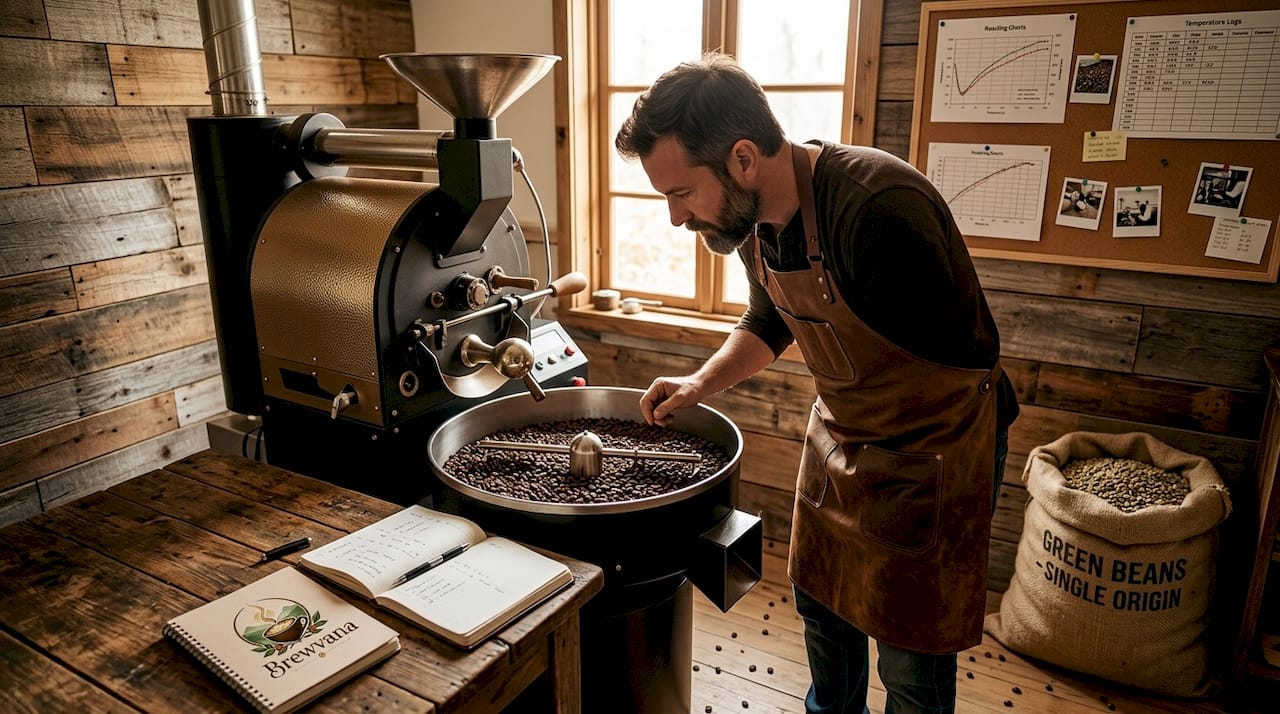 Roaster checking coffee beans in studio