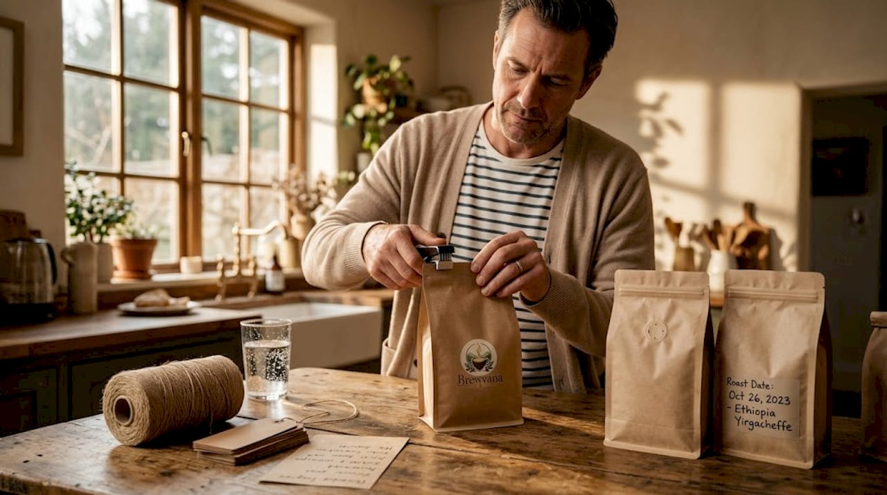 Man sealing coffee beans at dining table