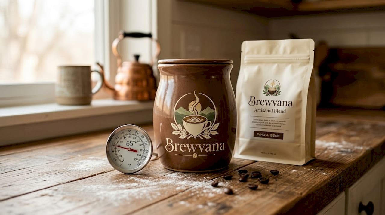 Coffee canister and thermometer on shelf