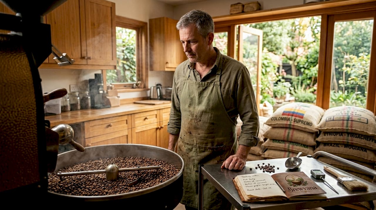 Roaster overseeing coffee beans cooling