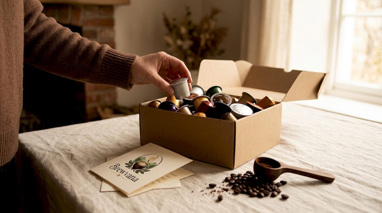 Hand placing coffee pod into colorful gift box