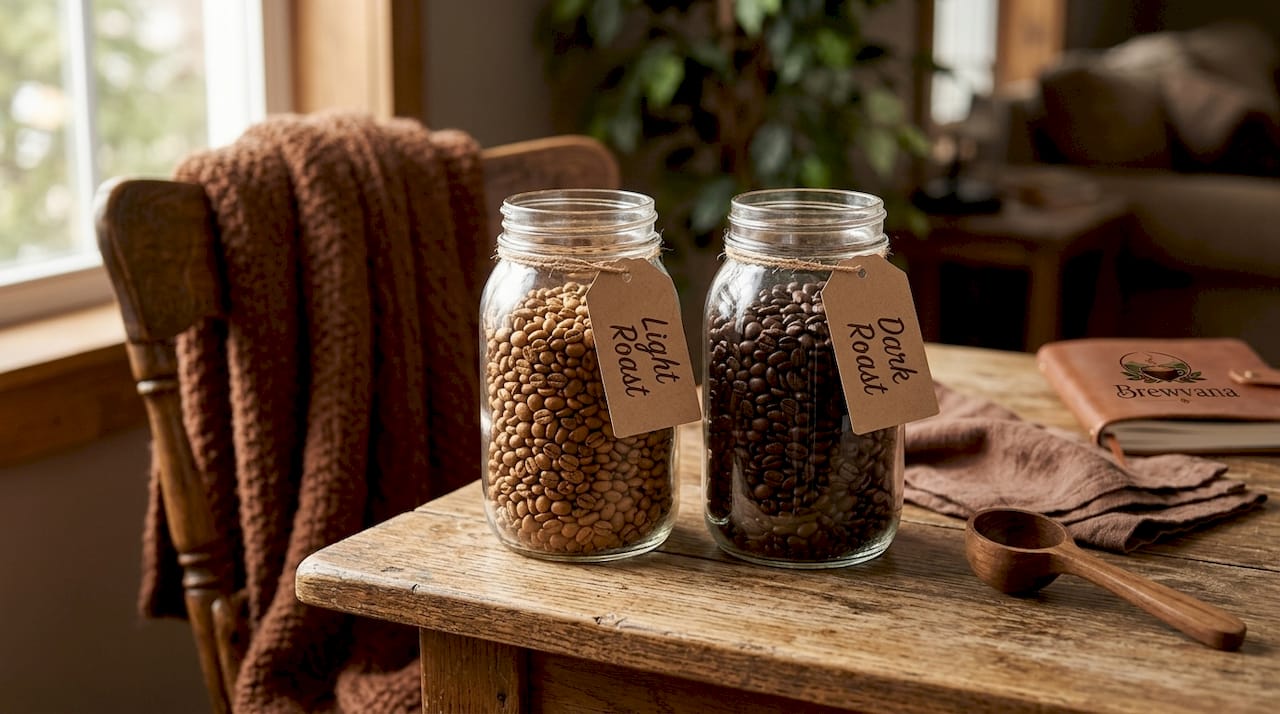 Side-by-side jars showing light vs dark roast bean density
