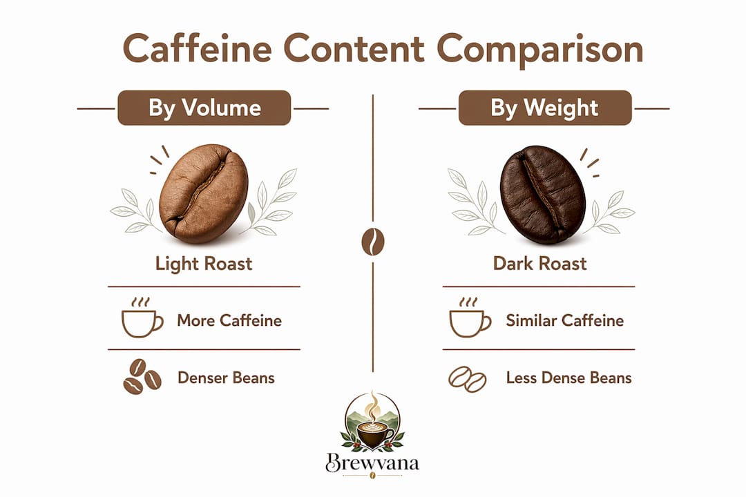 Infographic comparing caffeine content by volume and weight between light and dark roasts