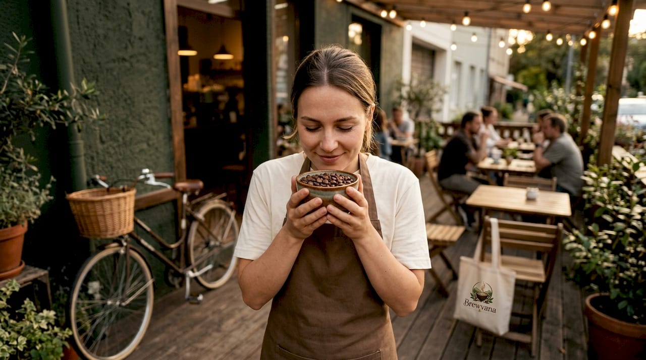 Barista smelling fresh roasted coffee beans indoors