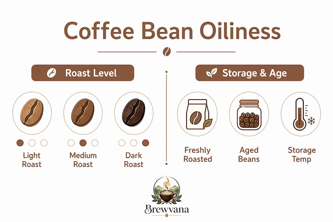 Infographic comparing roast level and storage impact on coffee bean oiliness
