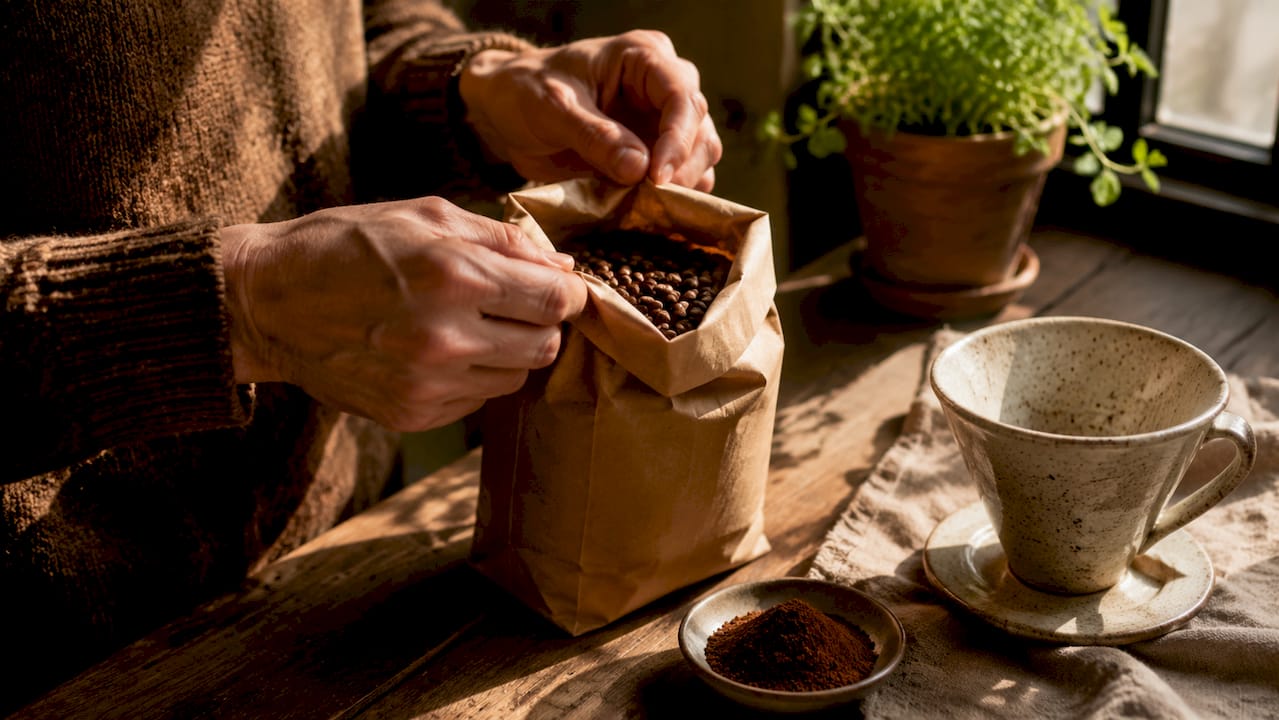 Hands opening fresh sealed coffee bag on counter