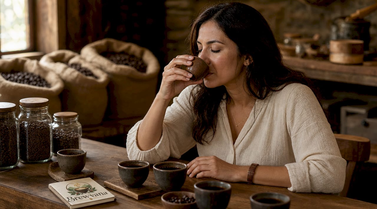 Woman tasting Arabica coffee in rustic lab