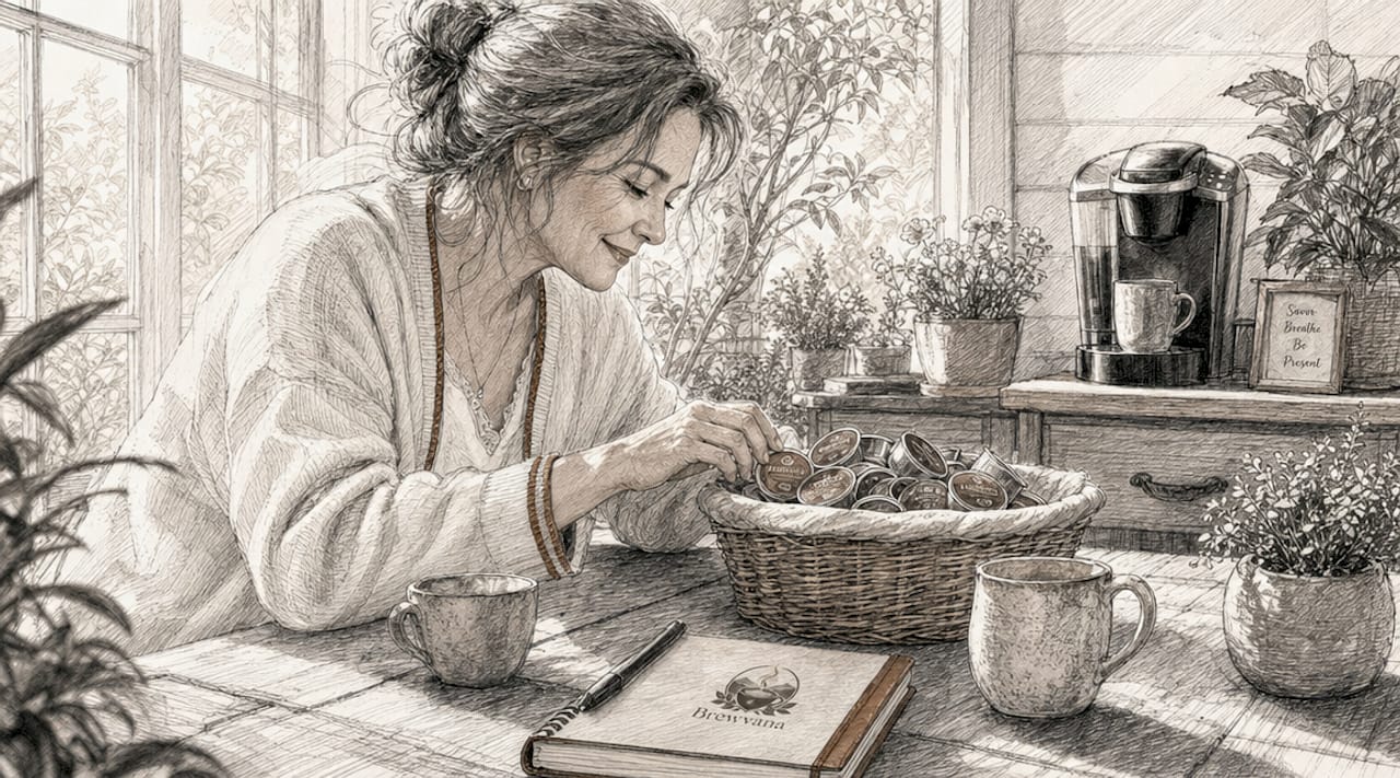 Woman choosing specialty coffee pods at kitchen shelf