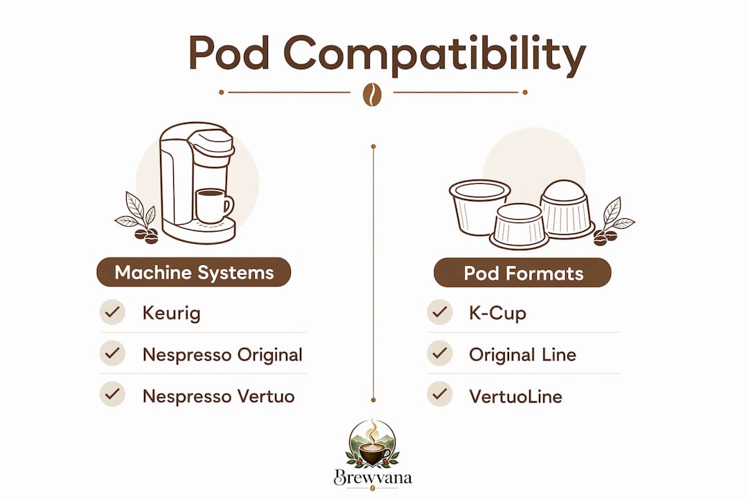Infographic showing coffee pod compatibility by machine system