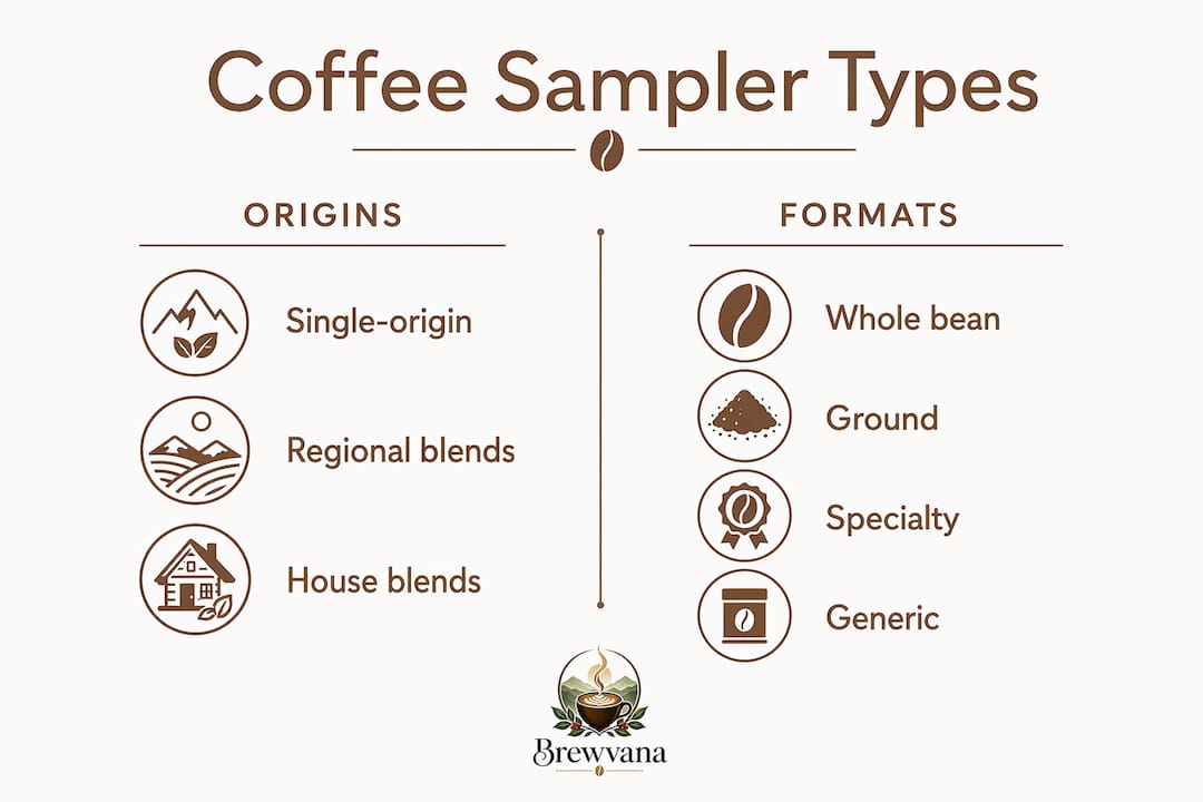 Infographic comparing coffee sampler types by origin and format