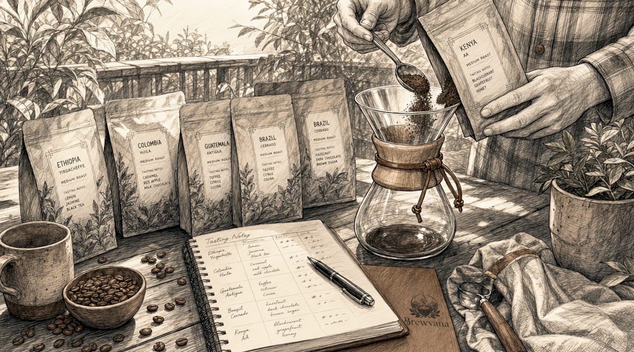 Hands preparing coffee from sampler packs on kitchen table