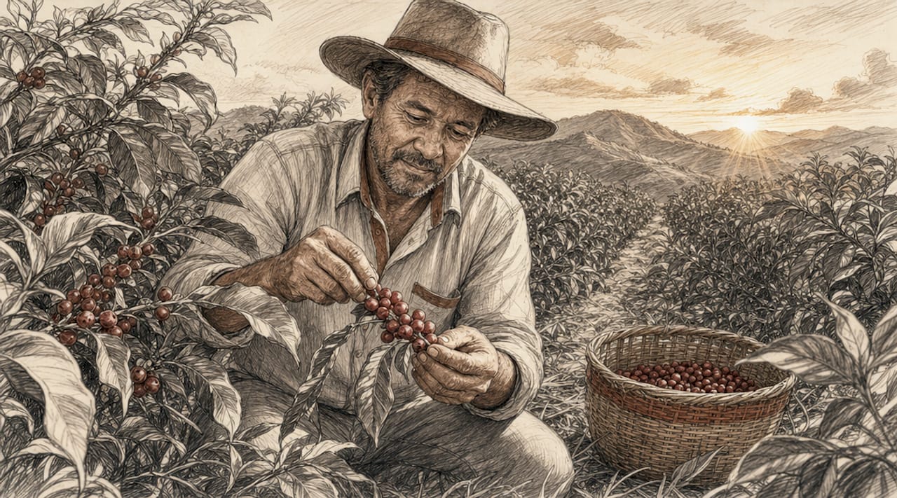 Brazilian coffee farmer harvesting cherries