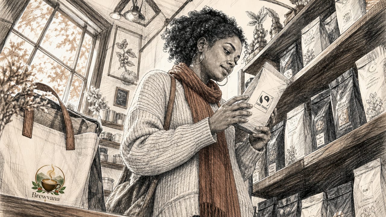 Woman examines Fair Trade coffee bag in store aisle