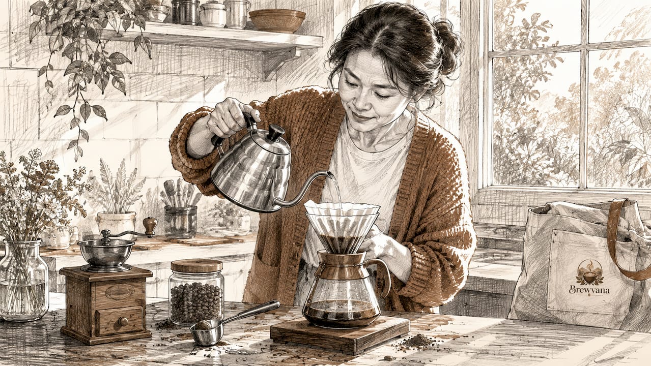 Woman pouring water into V60 dripper for coffee