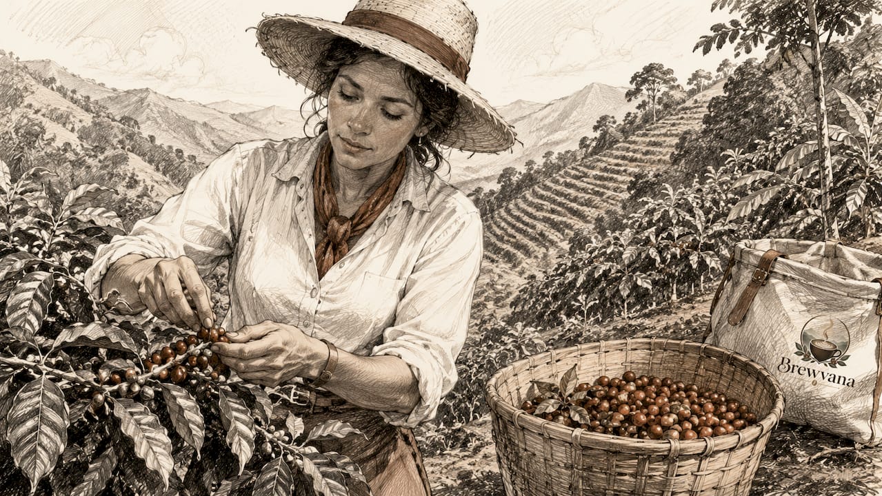 Coffee farmer inspecting ripe cherries on mountain farm