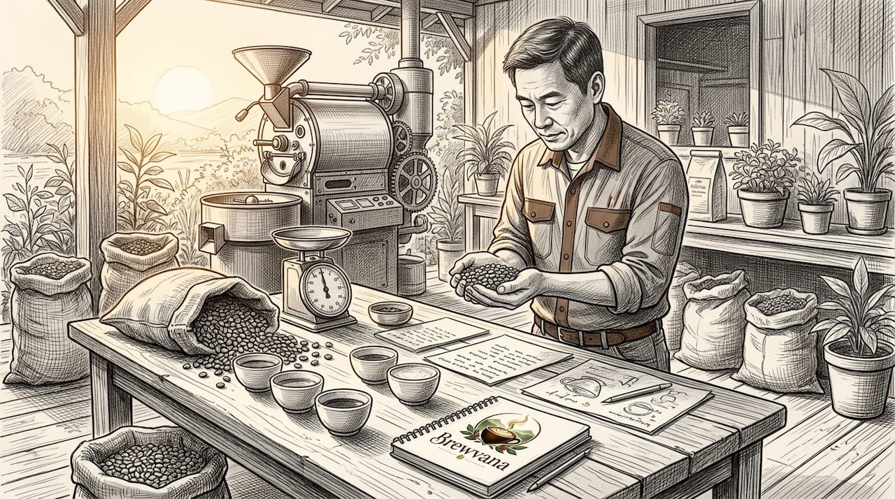 Coffee roaster inspecting raw coffee beans