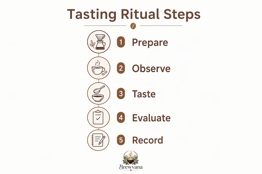 Infographic illustrating coffee tasting ritual steps