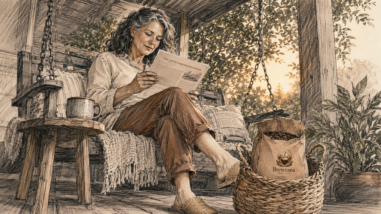 Woman reading CSA coffee subscription update