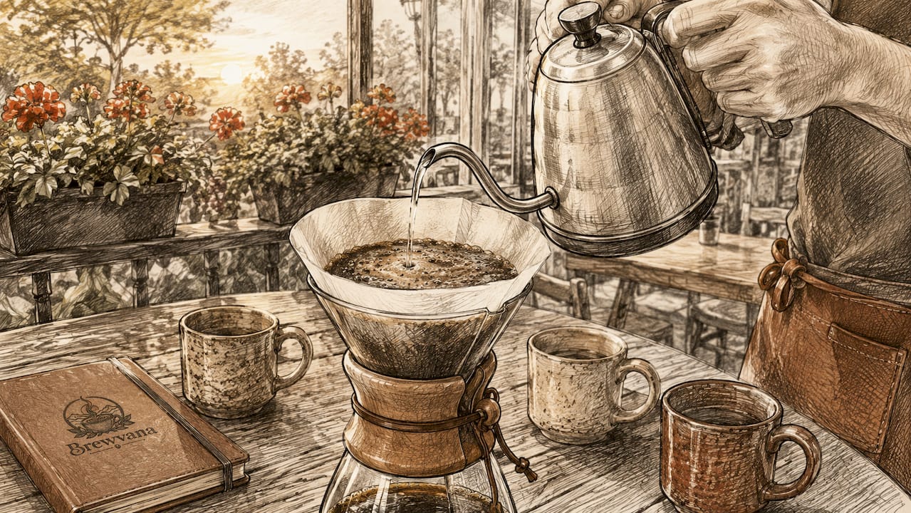 Close-up of coffee bloom in Chemex brewer